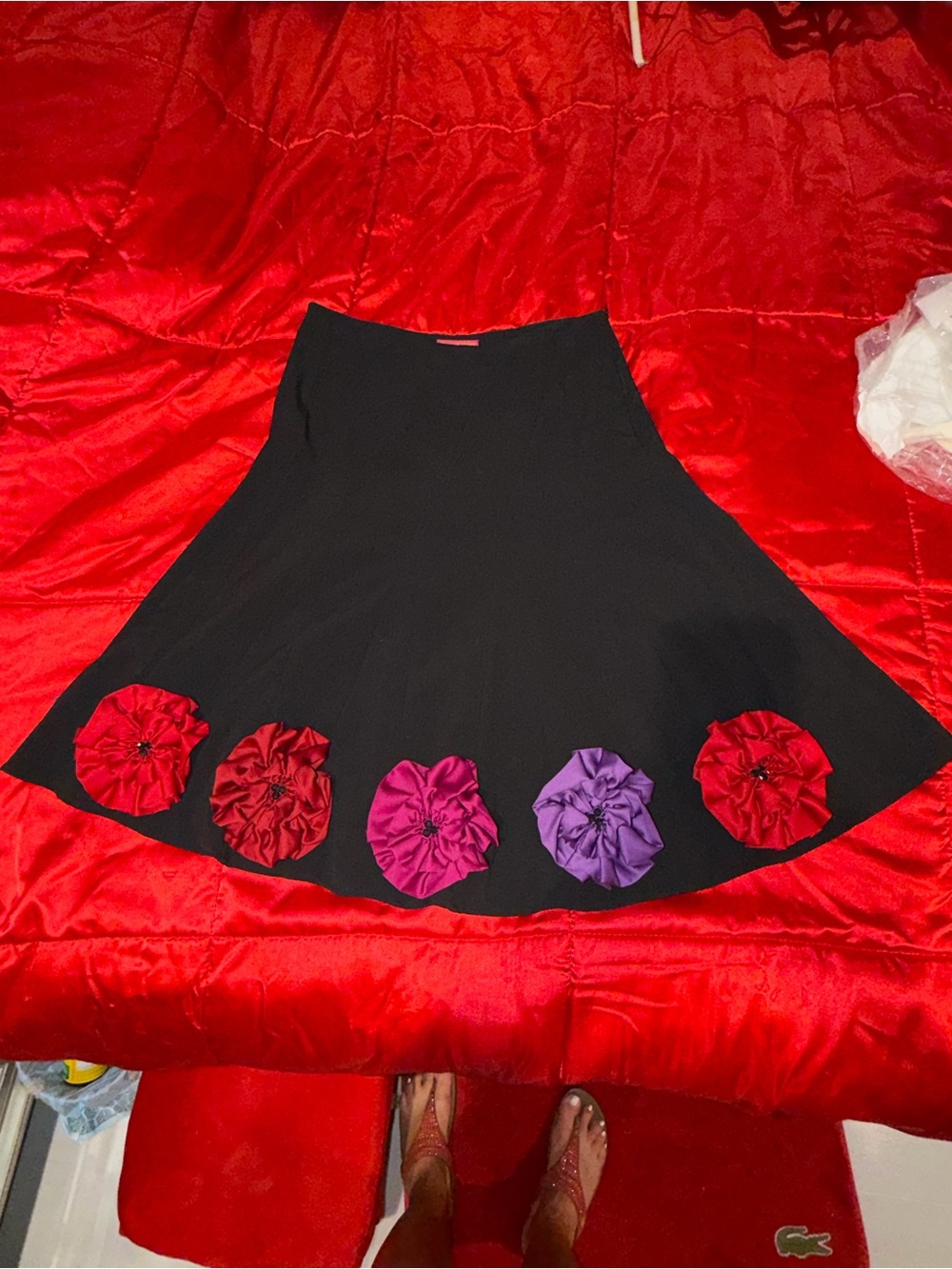 Sunny Leigh Black Skater Skirt with Red and Purple Flower Appliqués